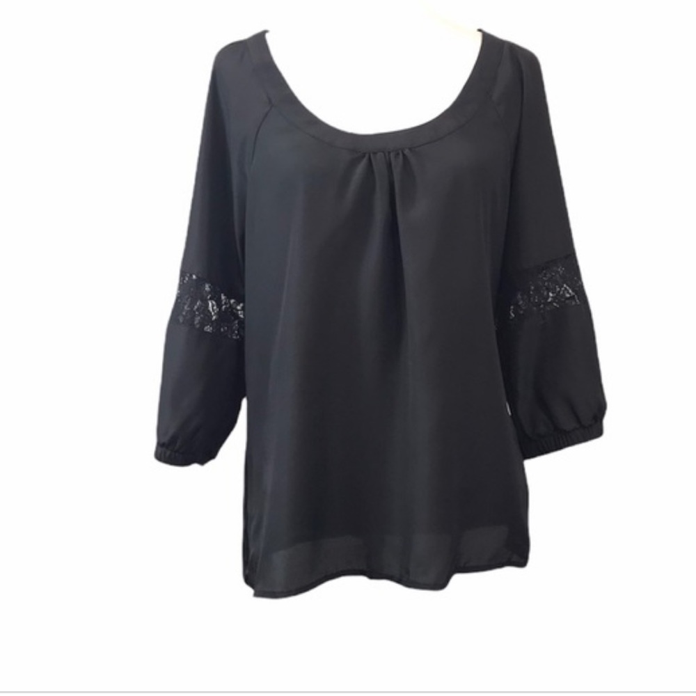 Kardashian Kollection Black Blouse with lace accent sleeves Size XS